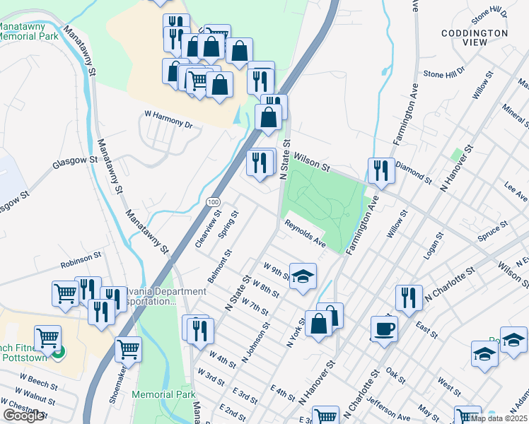 map of restaurants, bars, coffee shops, grocery stores, and more near 130 Reynolds Avenue in Pottstown