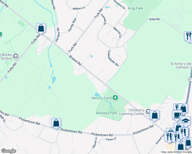 map of restaurants, bars, coffee shops, grocery stores, and more near 2843 Bristol Road in Warrington