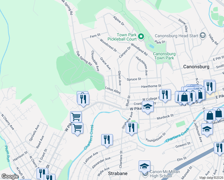 map of restaurants, bars, coffee shops, grocery stores, and more near 210 Grace Avenue in Canonsburg