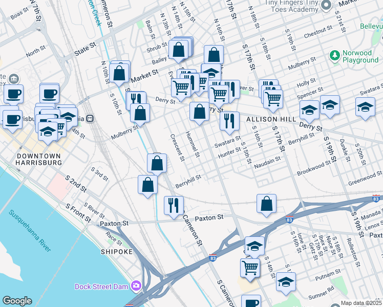 map of restaurants, bars, coffee shops, grocery stores, and more near 1226 Swatara Street in Harrisburg