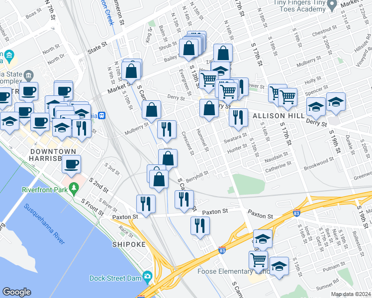 map of restaurants, bars, coffee shops, grocery stores, and more near 336 Crescent Street in Harrisburg