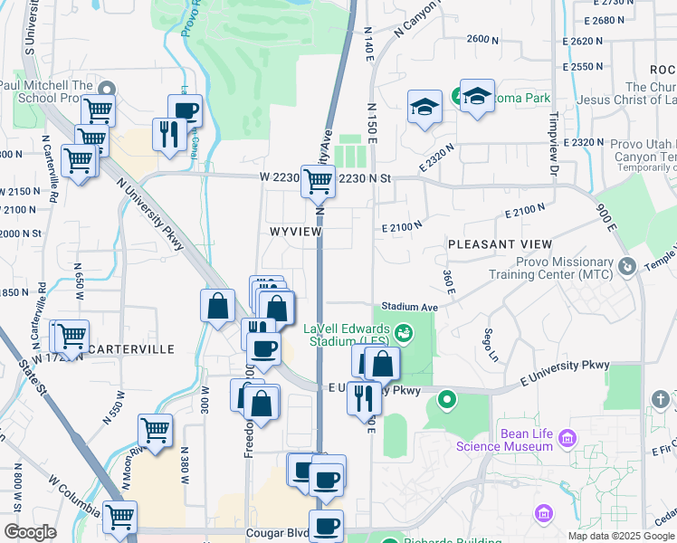 map of restaurants, bars, coffee shops, grocery stores, and more near 1937 North Canyon Road in Provo
