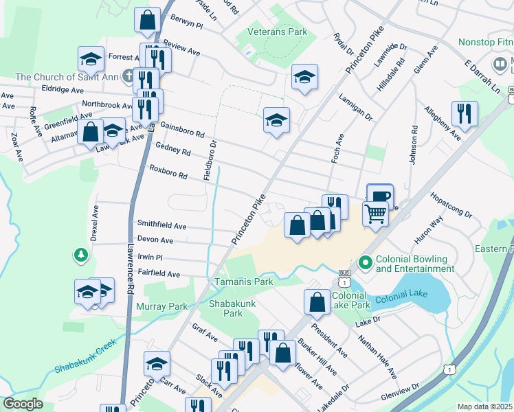 map of restaurants, bars, coffee shops, grocery stores, and more near 2345 Princeton Pike in Lawrence Township