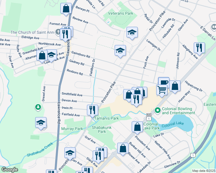 map of restaurants, bars, coffee shops, grocery stores, and more near 2345 Princeton Pike in Lawrence Township