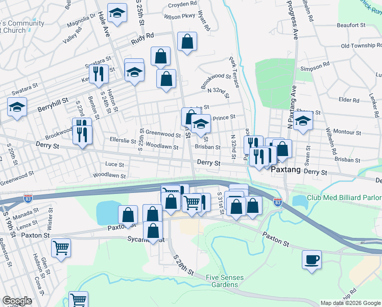 map of restaurants, bars, coffee shops, grocery stores, and more near 741 South 28th Street in Harrisburg