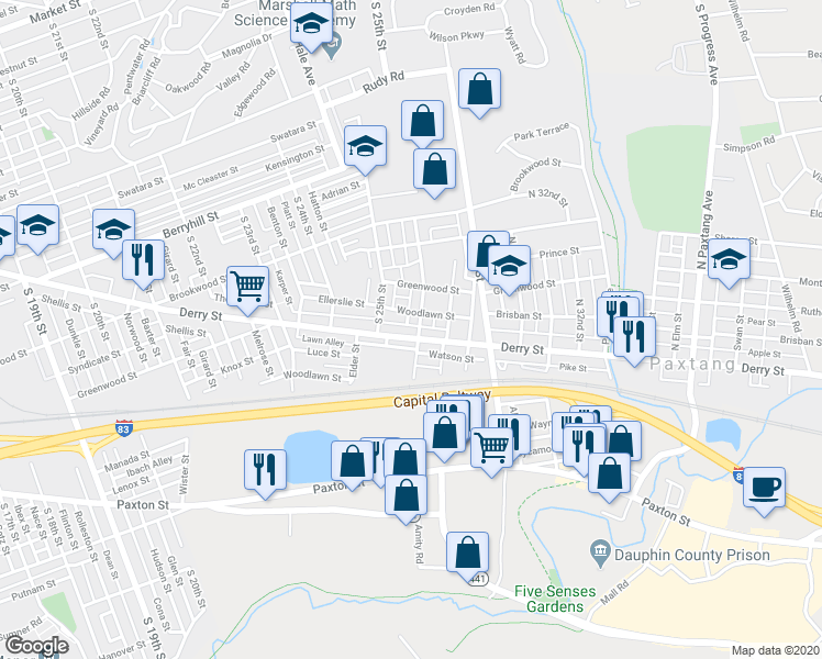map of restaurants, bars, coffee shops, grocery stores, and more near 2518 Derry Street in Harrisburg