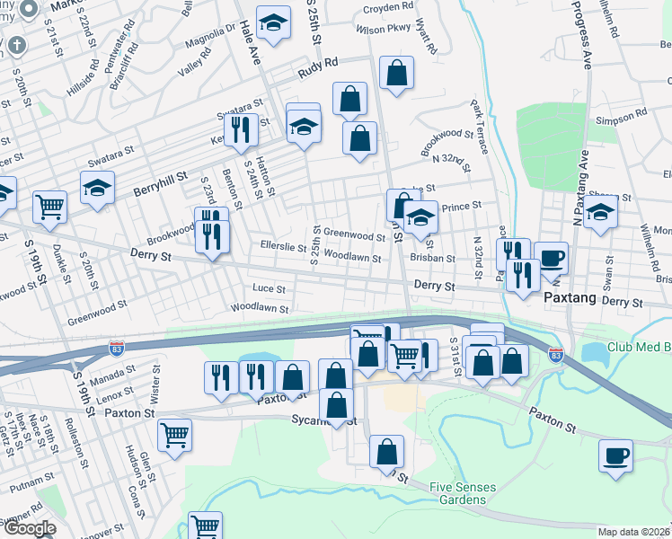 map of restaurants, bars, coffee shops, grocery stores, and more near 2518 Derry Street in Harrisburg