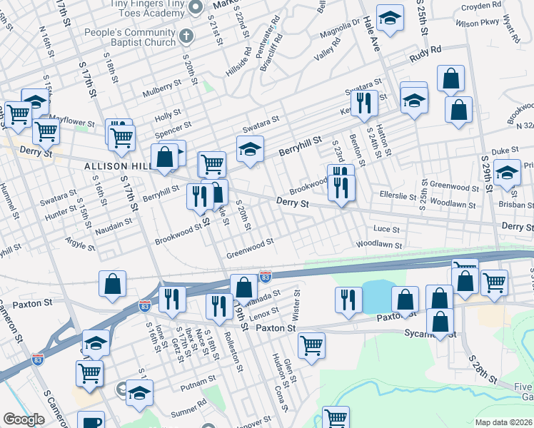 map of restaurants, bars, coffee shops, grocery stores, and more near 914 Norwood Street in Harrisburg