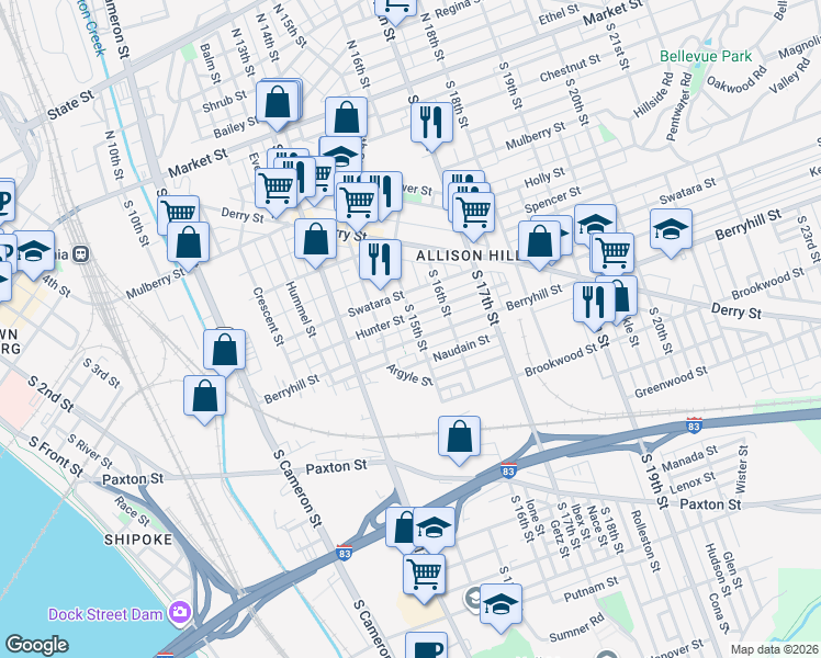 map of restaurants, bars, coffee shops, grocery stores, and more near 448 South 15th Street in Harrisburg