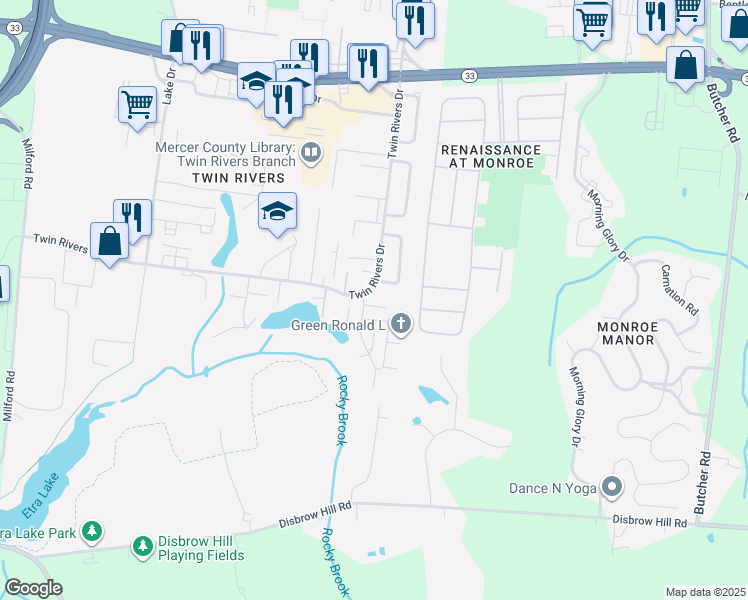 map of restaurants, bars, coffee shops, grocery stores, and more near 92 Hooverton Place in East Windsor