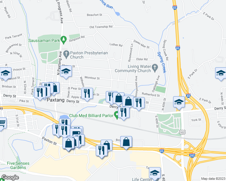 map of restaurants, bars, coffee shops, grocery stores, and more near 131 Lenker Road in Harrisburg