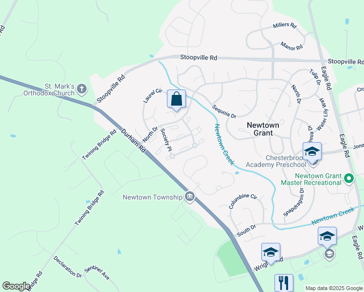 map of restaurants, bars, coffee shops, grocery stores, and more near 1310 Society Place in Newtown
