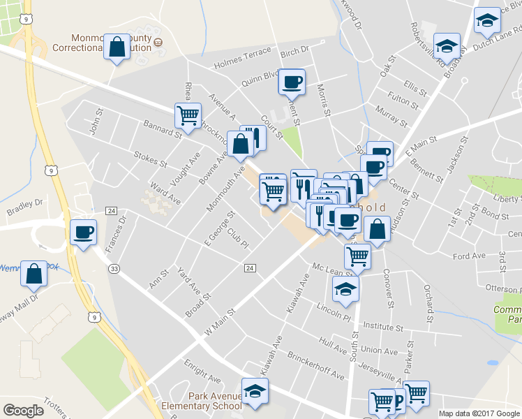 map of restaurants, bars, coffee shops, grocery stores, and more near 45 Broad Street in Freehold