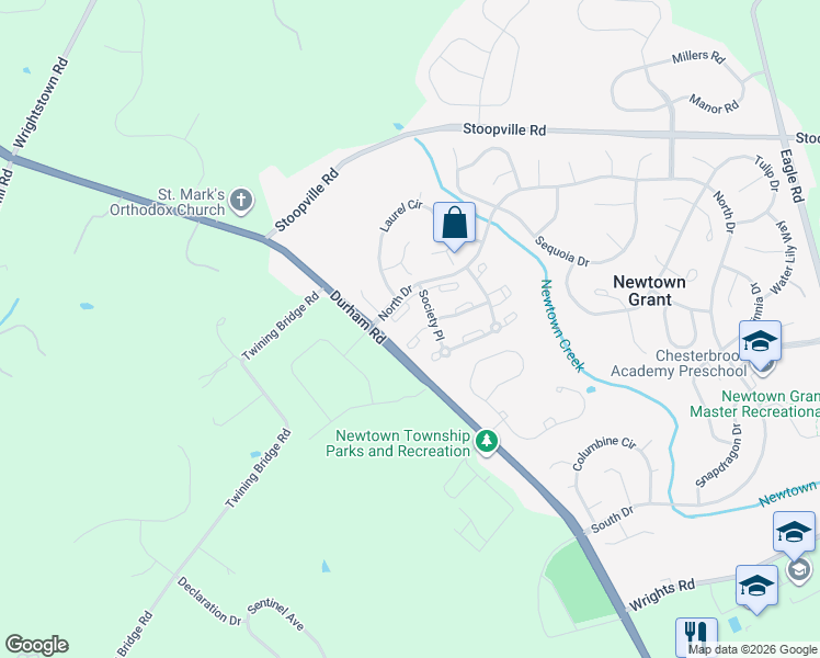 map of restaurants, bars, coffee shops, grocery stores, and more near 608 Society Place in Newtown