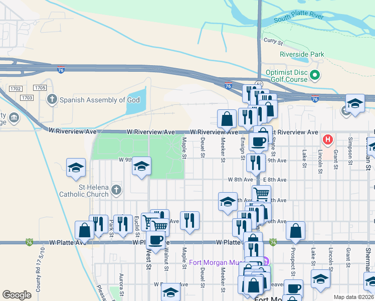map of restaurants, bars, coffee shops, grocery stores, and more near 1016 Maple Street in Fort Morgan