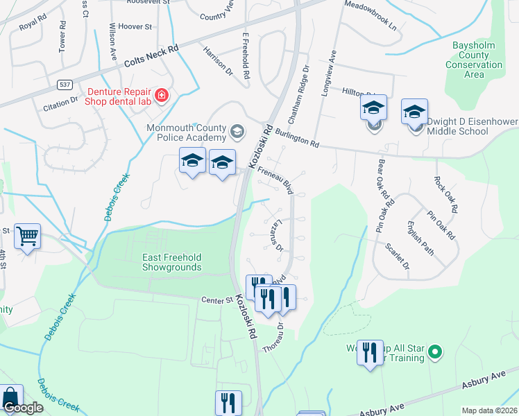 map of restaurants, bars, coffee shops, grocery stores, and more near 15 Jennings Court in Freehold