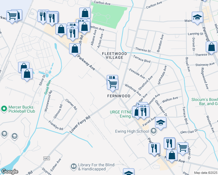 map of restaurants, bars, coffee shops, grocery stores, and more near 1105 Parkway Avenue in Ewing Township