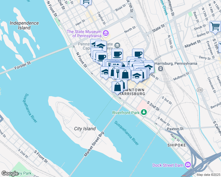 map of restaurants, bars, coffee shops, grocery stores, and more near 155 North Front Street in Harrisburg