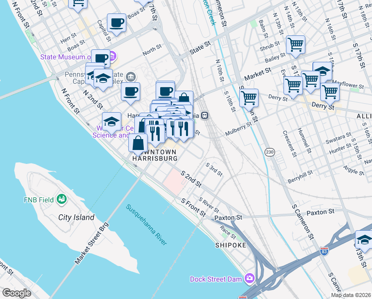 map of restaurants, bars, coffee shops, grocery stores, and more near 260 Chestnut Street in Harrisburg