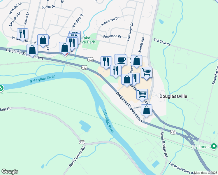 map of restaurants, bars, coffee shops, grocery stores, and more near 520 Benjamin Franklin Highway in Douglassville