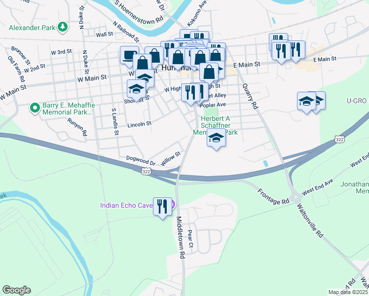 map of restaurants, bars, coffee shops, grocery stores, and more near 250 Willow Street in Hummelstown