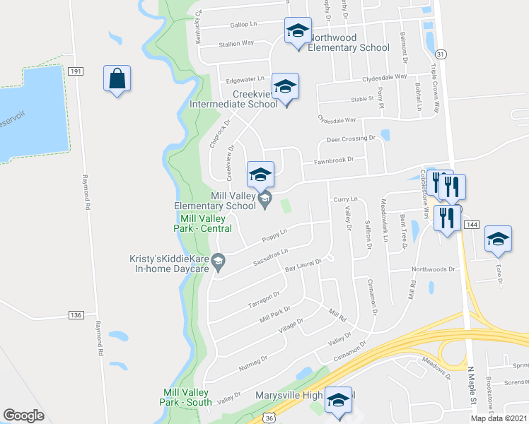 map of restaurants, bars, coffee shops, grocery stores, and more near 633 Mill Wood Boulevard in Marysville