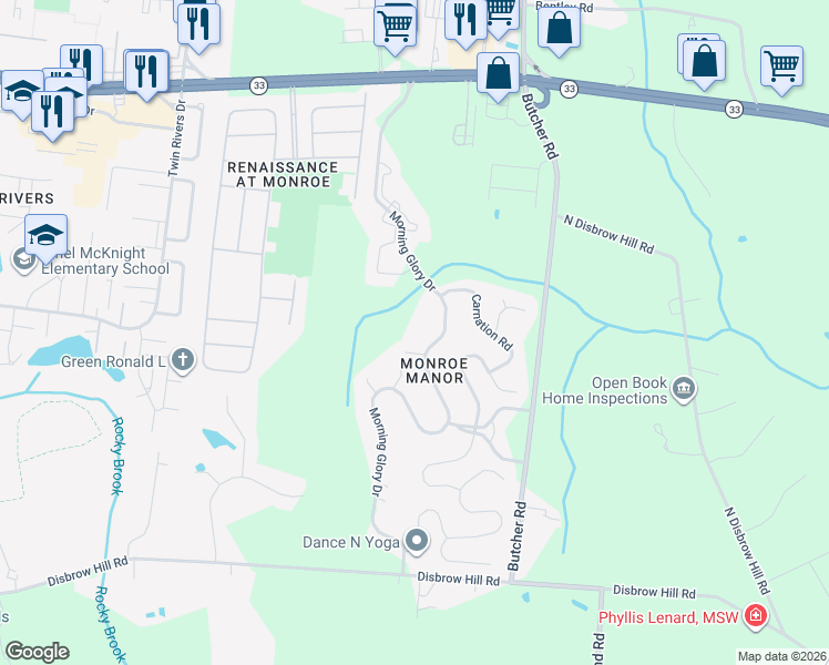 map of restaurants, bars, coffee shops, grocery stores, and more near 233 Morning Glory Drive in Monroe Township