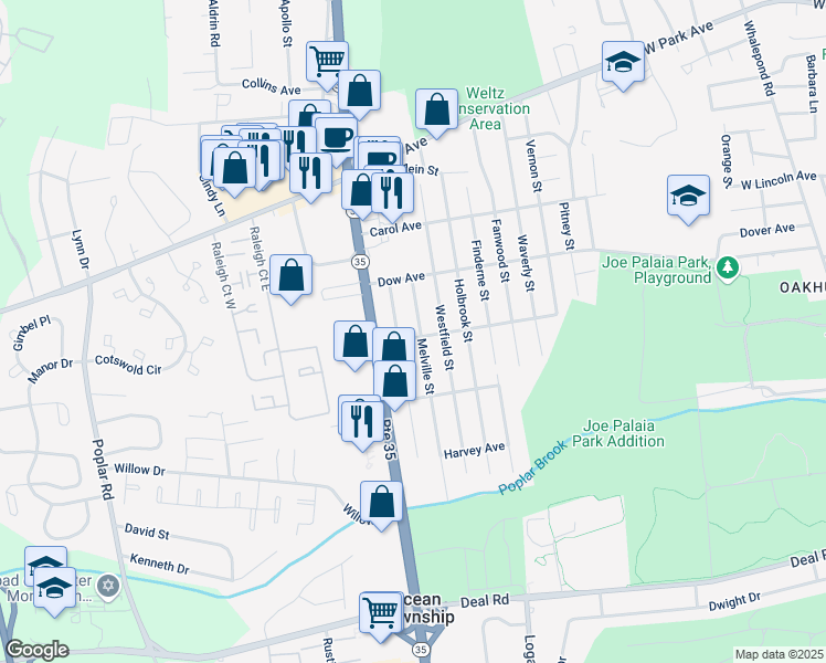map of restaurants, bars, coffee shops, grocery stores, and more near 721 Auth Avenue in Monmouth County