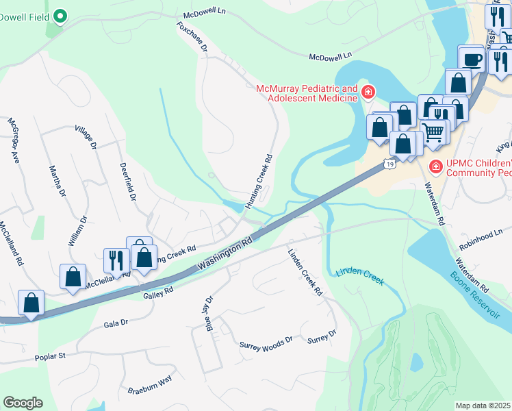 map of restaurants, bars, coffee shops, grocery stores, and more near 608 Hickory Circle in Canonsburg
