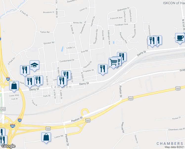 map of restaurants, bars, coffee shops, grocery stores, and more near 5040 Lancaster St in Harrisburg