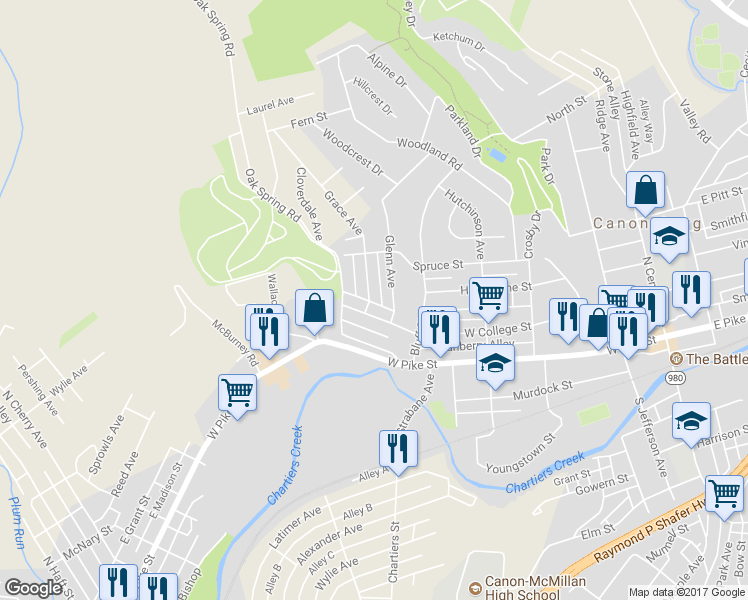 map of restaurants, bars, coffee shops, grocery stores, and more near 210 Grace Avenue in Canonsburg