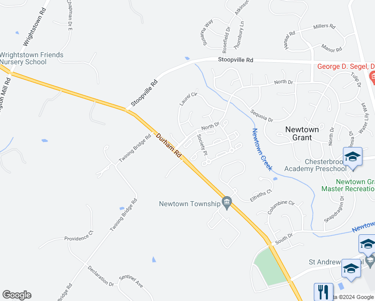 map of restaurants, bars, coffee shops, grocery stores, and more near 201 Society Place in Newtown