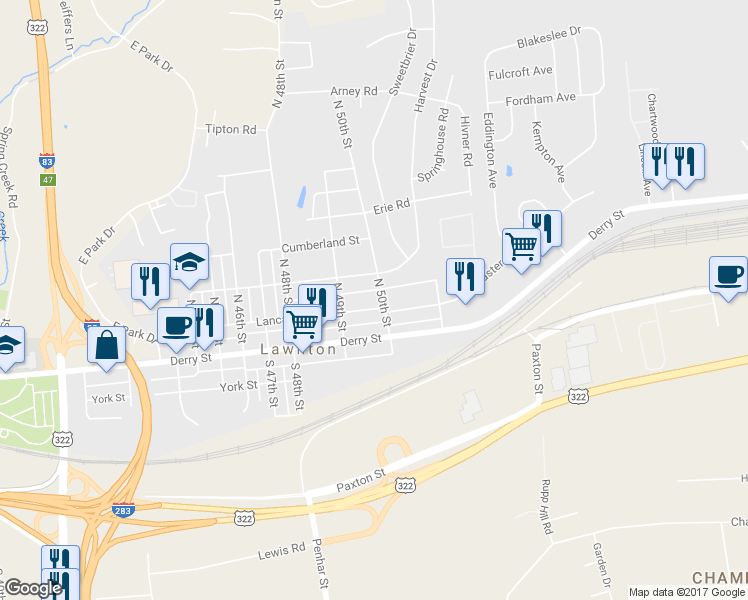 map of restaurants, bars, coffee shops, grocery stores, and more near 4928 Lancaster Street in Harrisburg