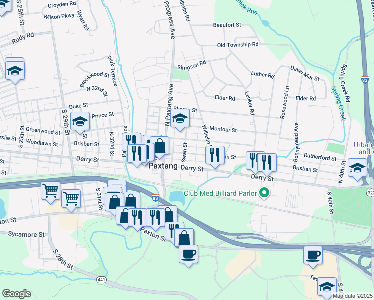 map of restaurants, bars, coffee shops, grocery stores, and more near 3602 Brisban Street in Harrisburg