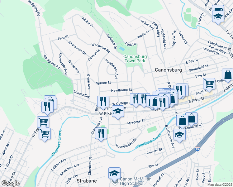 map of restaurants, bars, coffee shops, grocery stores, and more near 225 Hutchinson Avenue in Canonsburg