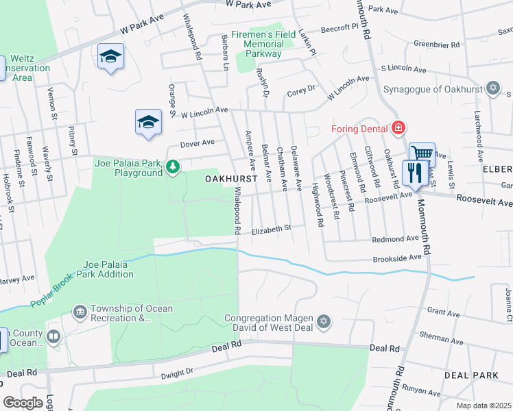 map of restaurants, bars, coffee shops, grocery stores, and more near 200 Ampere Avenue in Monmouth County