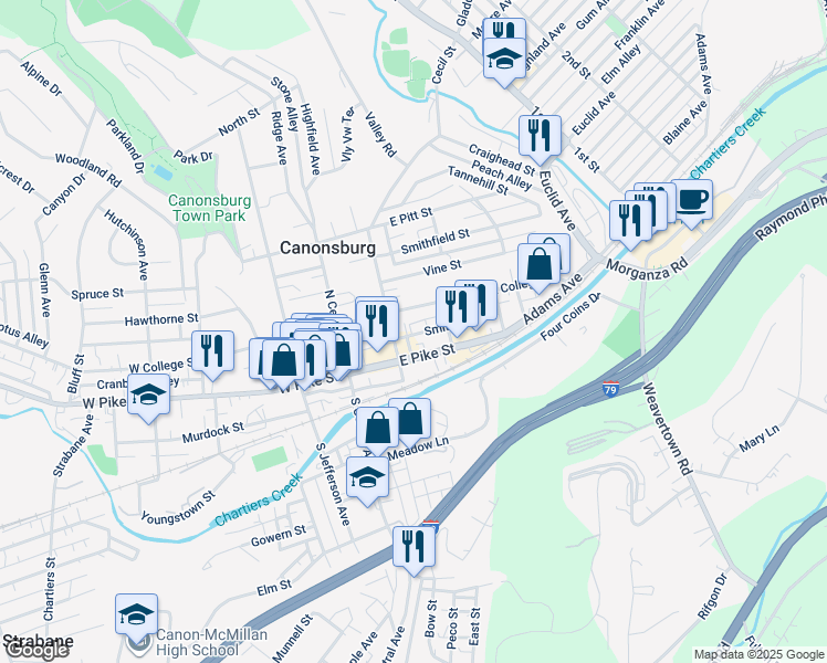 map of restaurants, bars, coffee shops, grocery stores, and more near 117 Smith Street in Canonsburg