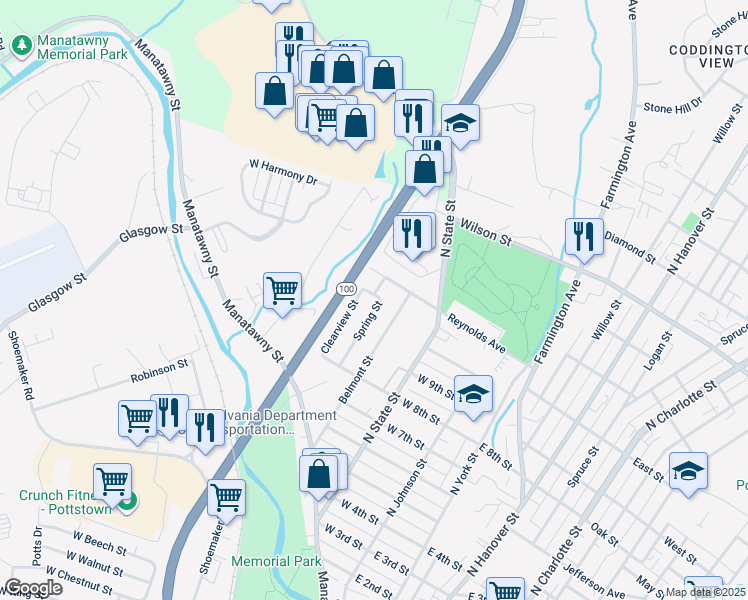 map of restaurants, bars, coffee shops, grocery stores, and more near 517 Spring Street in Pottstown