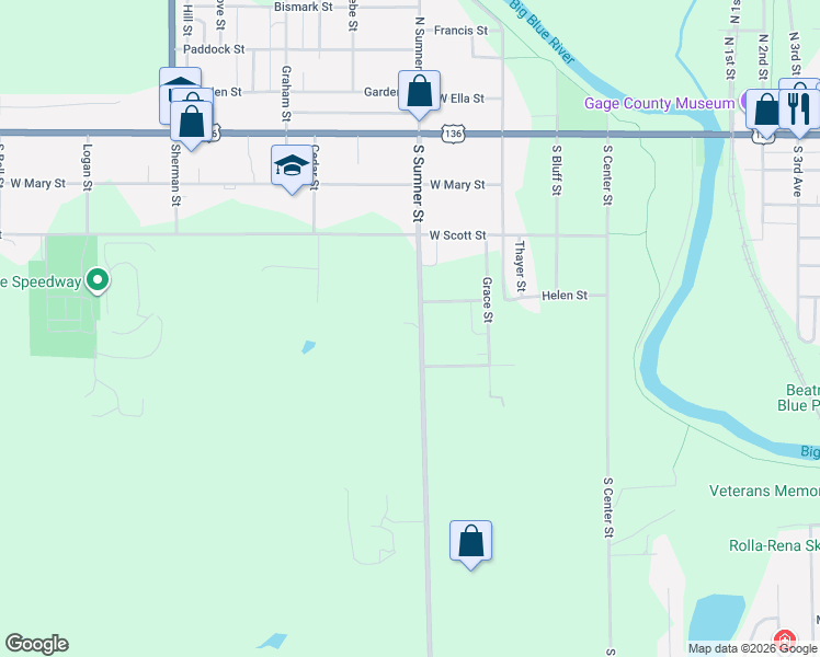map of restaurants, bars, coffee shops, grocery stores, and more near 621 South Sumner Street in Beatrice
