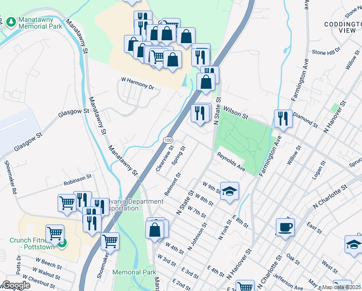 map of restaurants, bars, coffee shops, grocery stores, and more near 517 Spring Street in Pottstown