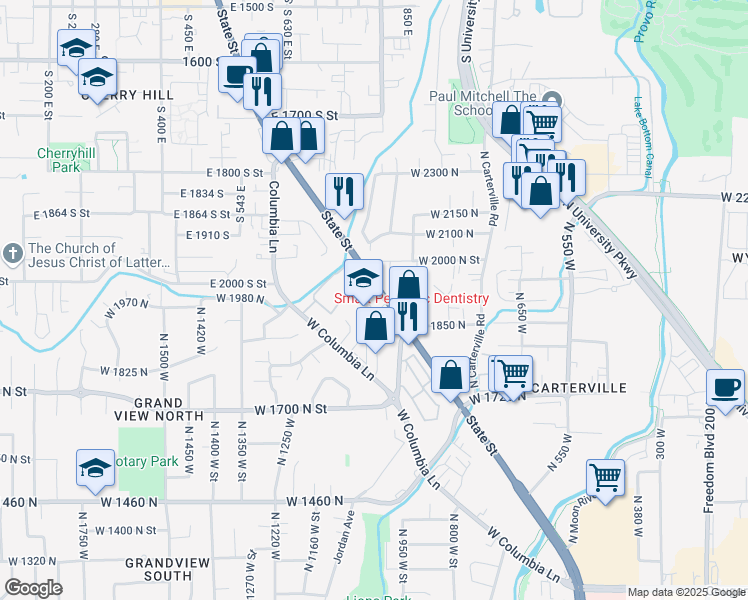 map of restaurants, bars, coffee shops, grocery stores, and more near 1969 North State Street in Provo