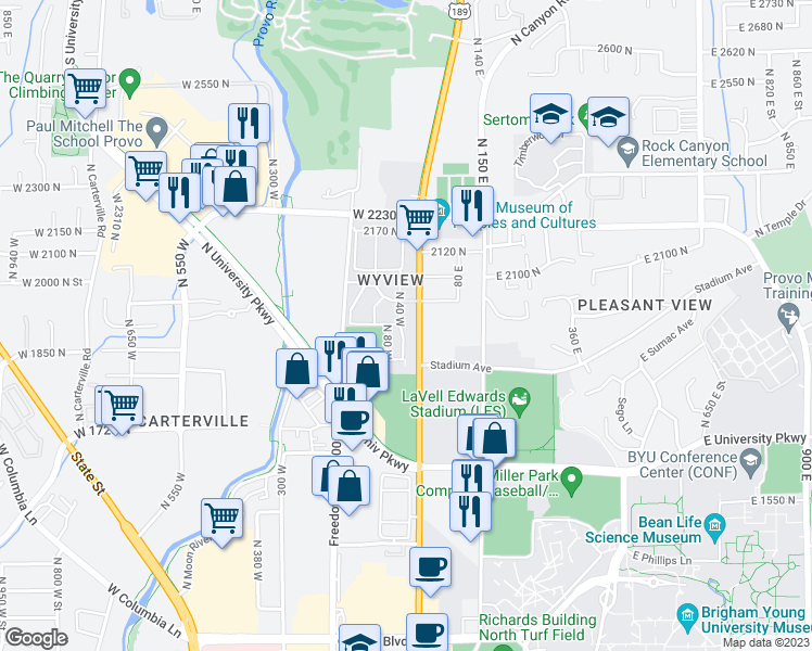 map of restaurants, bars, coffee shops, grocery stores, and more near 1946 West 1940 North in Provo