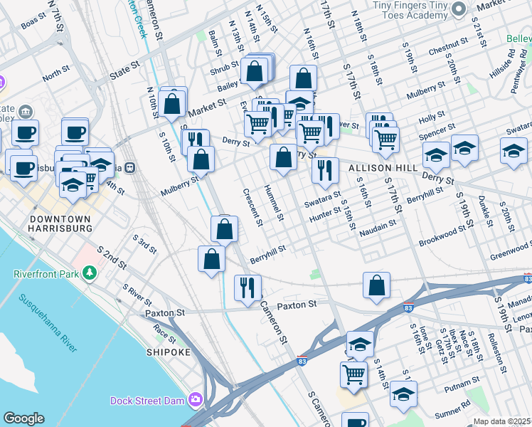 map of restaurants, bars, coffee shops, grocery stores, and more near 1226 Swatara Street in Harrisburg
