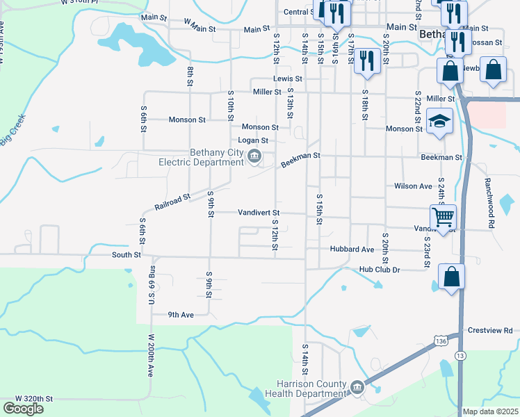 map of restaurants, bars, coffee shops, grocery stores, and more near 1103 Vandivert Street in Bethany