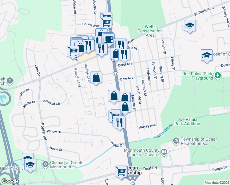 map of restaurants, bars, coffee shops, grocery stores, and more near 1802 Route 35 in Monmouth County