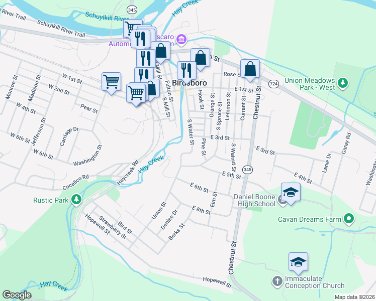 map of restaurants, bars, coffee shops, grocery stores, and more near 336 South Water Street in Birdsboro