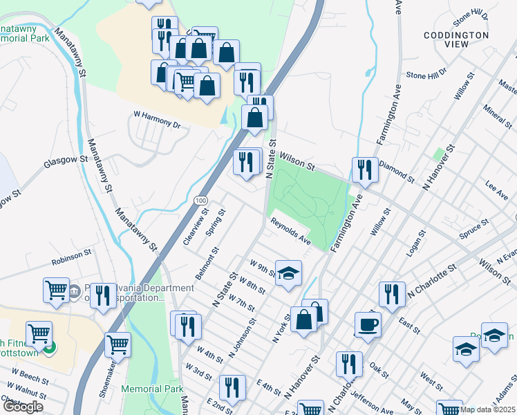 map of restaurants, bars, coffee shops, grocery stores, and more near 117 Reynolds Avenue in Pottstown