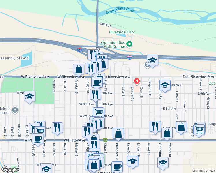 map of restaurants, bars, coffee shops, grocery stores, and more near 1008 State Street in Fort Morgan
