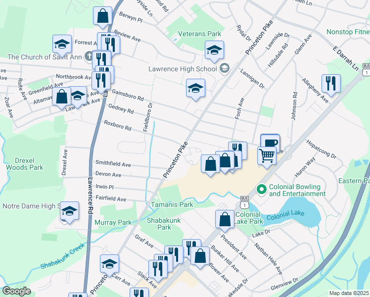 map of restaurants, bars, coffee shops, grocery stores, and more near 2350 Princeton Pike in Lawrence Township