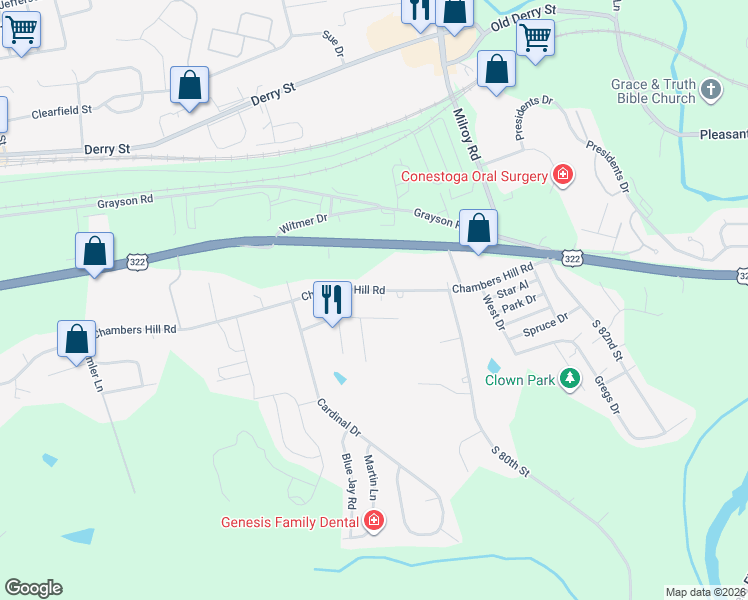 map of restaurants, bars, coffee shops, grocery stores, and more near 7831 Chambers Hill Road in Harrisburg